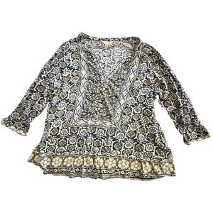 Lucky Brand Womens 1X Boho Floral Long Sleeve V-Neck Top Blue Green 7Q62236